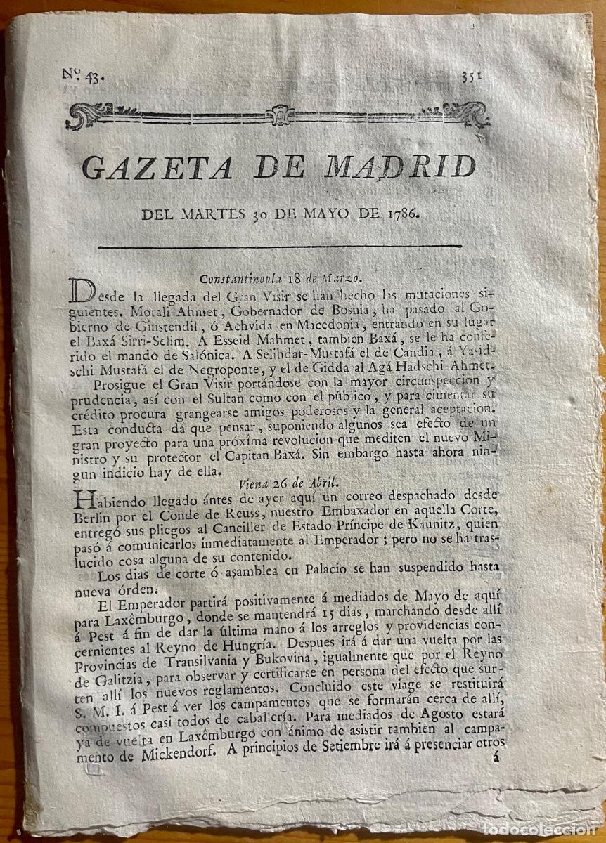Collezionismo di Riviste e Giornali: BARBASTRO- BURGOS- SANTANDER- MADRID- GACETA- GAZETA DE MADRID- 1786