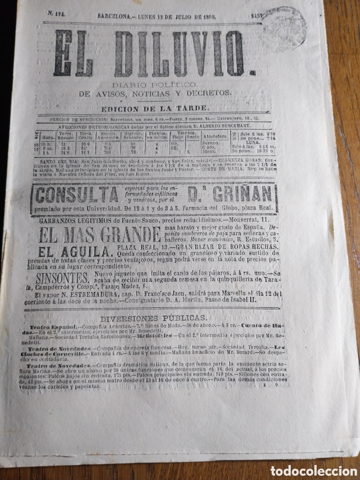 Coleccionismo de Revistas y Peri&oacute;dicos: EL DILUVIO 1880 DON CARLOS DE BORBON Y EL GRAL BOET XV RETAMERO. NOTICIAS DE CUBA