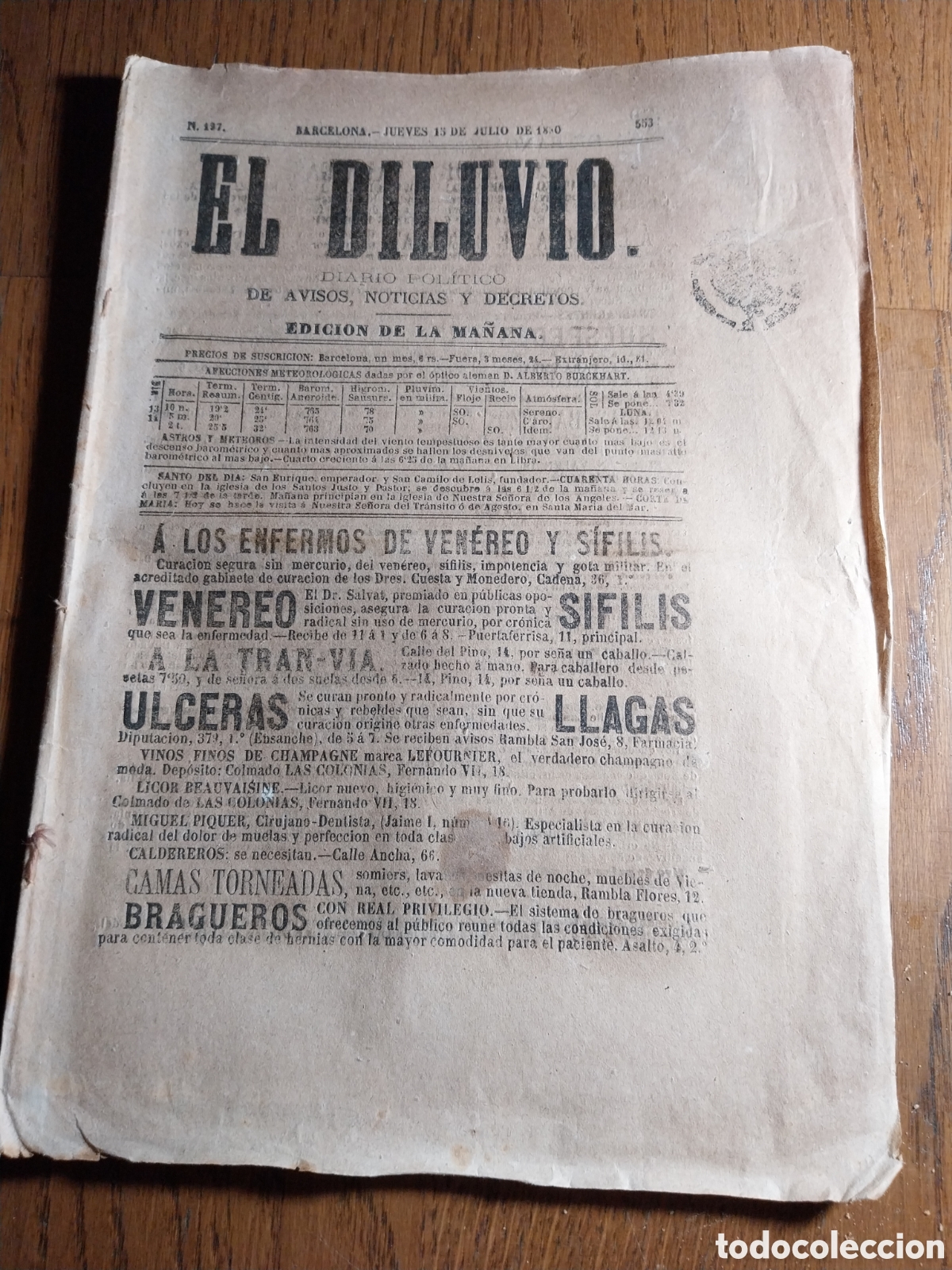 Coleccionismo de Revistas y Peri&oacute;dicos: EL DILUVIO 1880 DRAMA TRAGICO EN CUNIT. DESTITUIDO EL ALCALDE DE VALLS. DON CARLOS Y EL GRAL BOET.