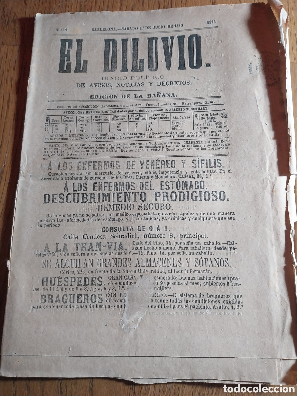 Coleccionismo de revistas y peri&oacute;dicos: EL DILUVIO 1880 ANIVERSARIO DEFENSA DE IGUALADA. TRES AHOGADAS EN LA PLAYA DE CULLERA