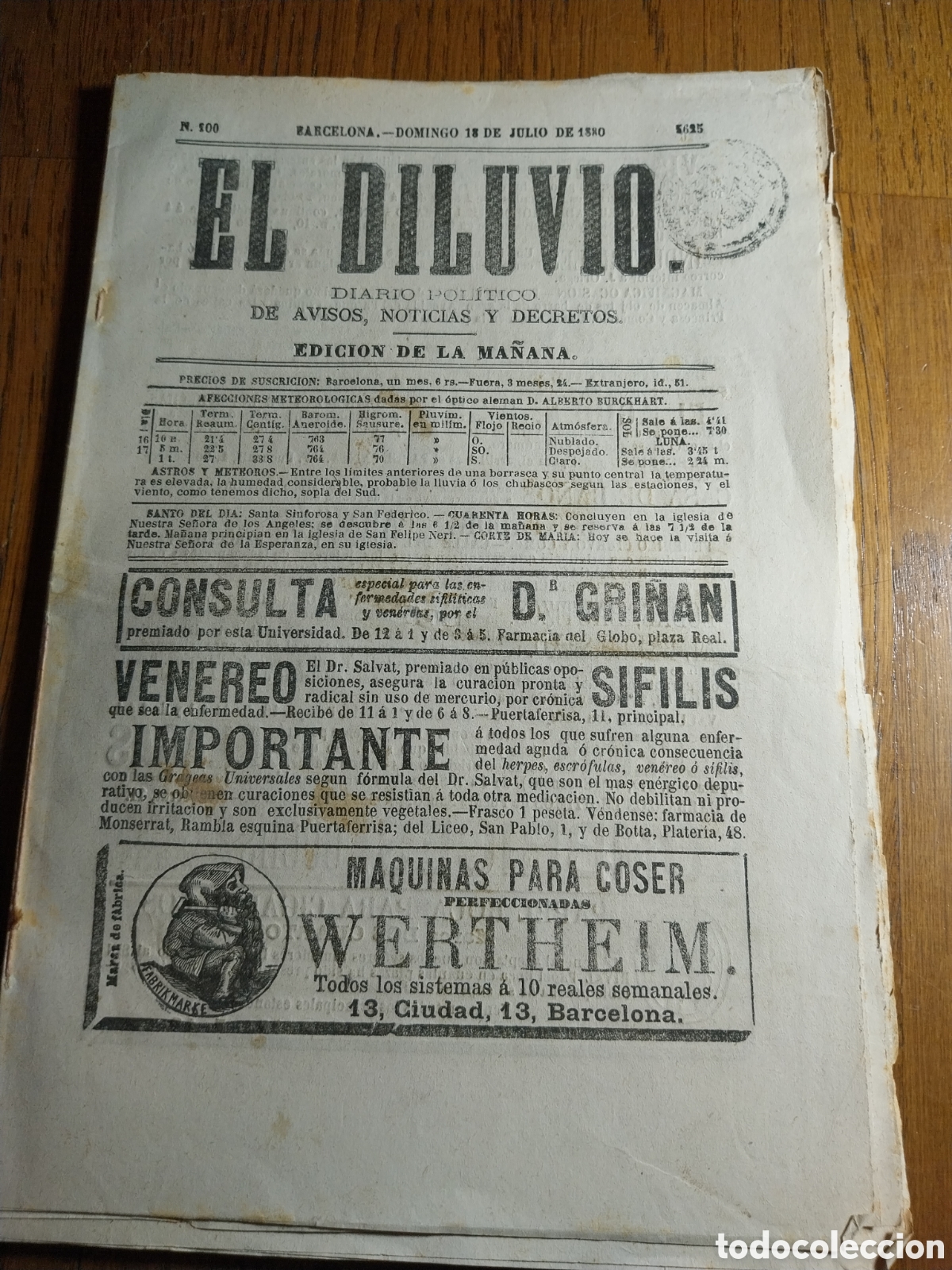 Coleccionismo de revistas y peri&oacute;dicos: EL DILUVIO 1880 UNOS EX&Aacute;MENES EN CORNELL&Aacute;.ENFERMEDADES Y SUS REMEDIOS.CONSEJO DE MINISTROS FERROCARR