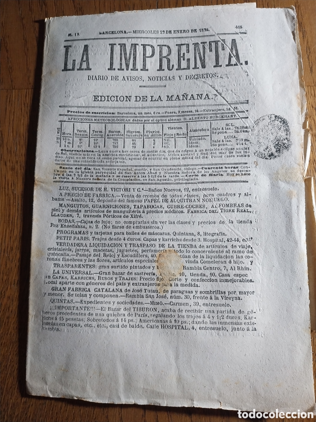 Collectionnisme de Revues et Journaux: LA IMPRENTA 1879 LA CASA DE CARIDAD DE BARCELONA III. REAL ORDEN FABRICA ARMAS OVIEDO