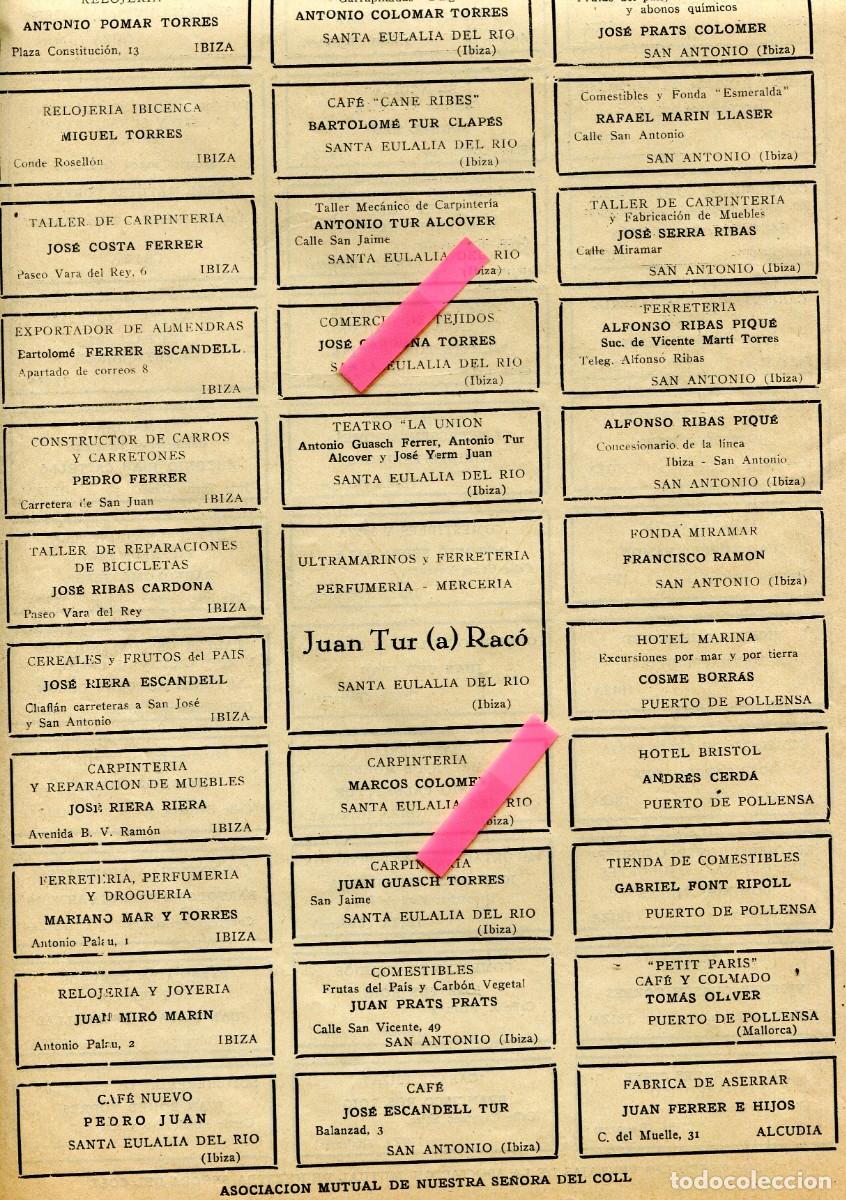 Coleccionismo de revistas y peri&oacute;dicos: HOJA SUELTA PUBLICIDADES DEL A&Ntilde;O 1929 DE ESTAS TIENDAS FABRICAS IBIZA SANTA EULALIA DEL RIU ANTONIO