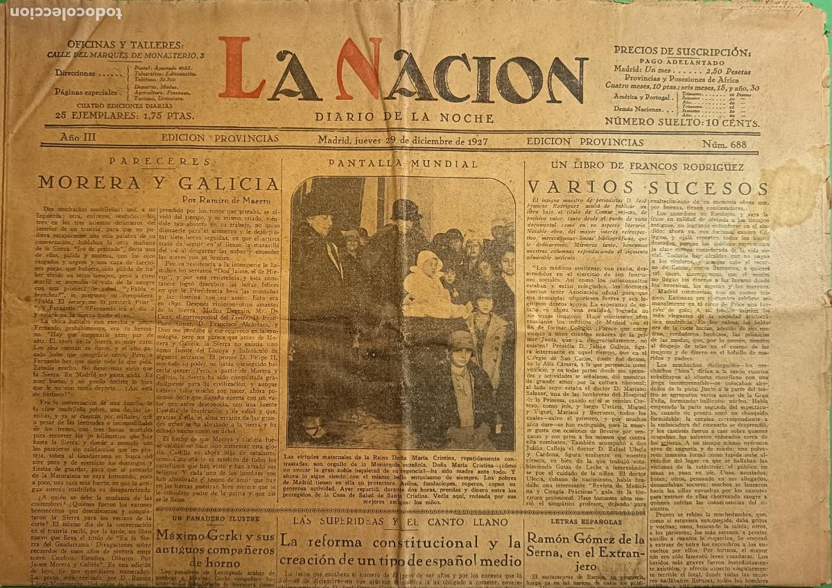 Coleccionismo de Revistas y Peri&oacute;dicos: LA NACION 29 DICIEMBRE 1927 N&ordm; 712 GORKI - MANIOBRAS JAPONESAS AVIACION - MORERA Y GALICIA