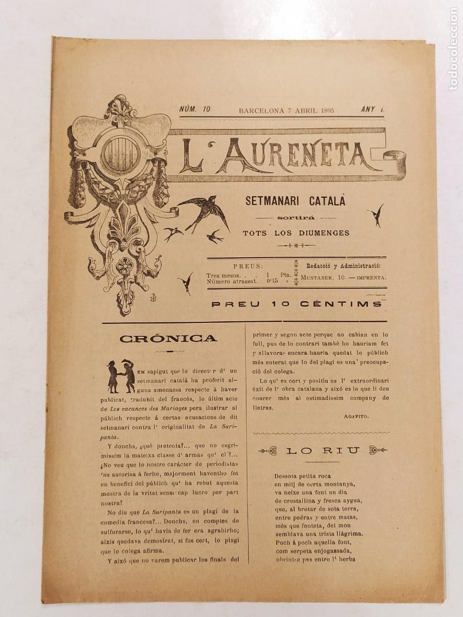 Coleccionismo de revistas y peri&oacute;dicos: L'AURENETA -ANY 1895 NUMERO 10-ENRIQUE SERRA DIBUIX-CODOLOSA-GOT ANGUERA ETC-REVISTA ANTIGA