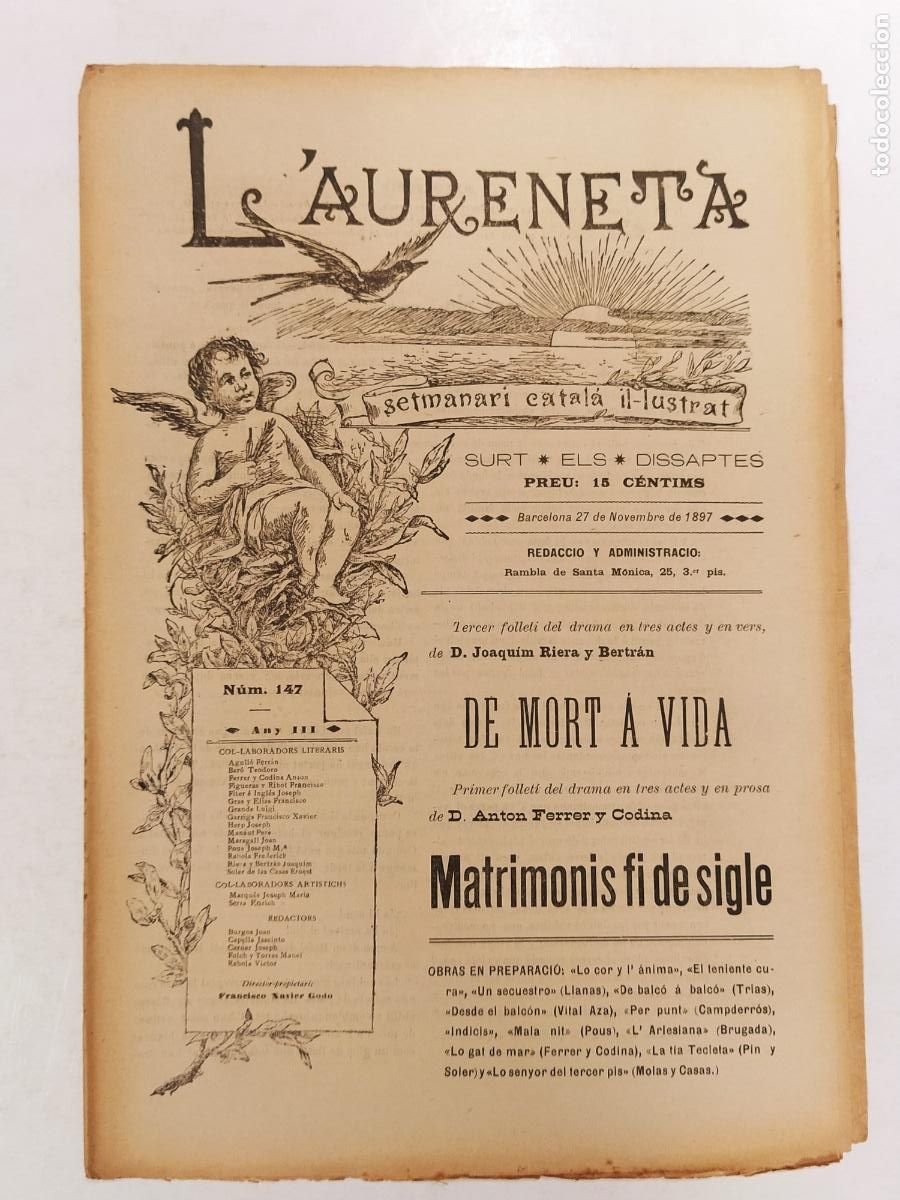 Coleccionismo de revistas y peri&oacute;dicos: L'AURENETA -ANY 1897 NUMERO 147-ALBERT BERN&Iacute;S-TEODORO BAR&Oacute;-ALSINA Y COMAS ETC-REVISTA ANTIGA