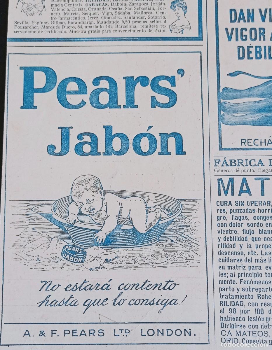 Coleccionismo de Revistas y Peri&oacute;dicos: PUBLICIDAD JAB&Oacute;N PEARS - XEREZ QUINA - UNA HOJA PUBLI 1900