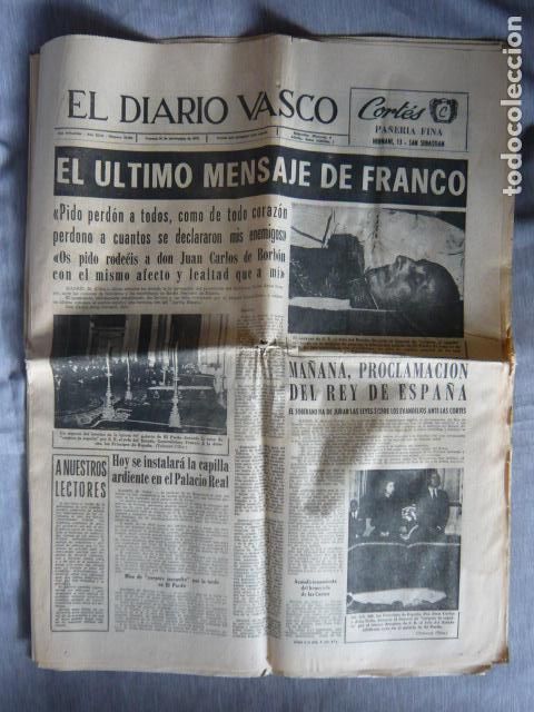 Collezionismo di Riviste e Giornali: EL DIARIO VASCO SAN SEBASTIAN 21 NOVIEMBRE 1975 MUERTE FRANCISCO FRANCO