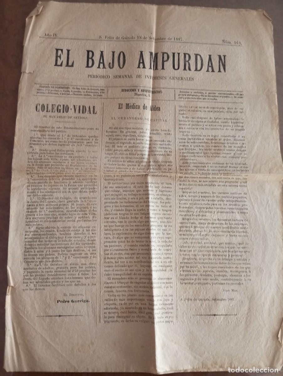 Coleccionismo de revistas y peri&oacute;dicos: SEMANARIO EL BAJO AMPURDAN, 18 SETIEMBRE 1887