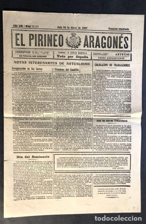 Coleccionismo de Revistas y Peri&oacute;dicos: EL PIRINEO ARAGON&Eacute;S / JACA 1943 / TODO POR ESPA&Ntilde;A / PALABRAS DEL CAUDILLO / 4 P&Aacute;GINAS