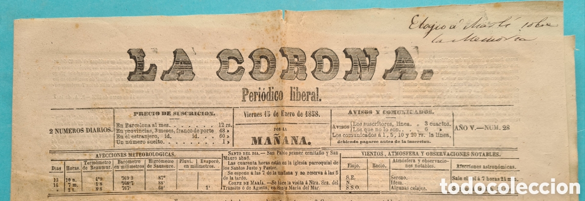 Collection Magazines and Newspapers: LA CORONA - PERIODICO LIBERAL - BARCELONA 15 ENERO 1858 - COMPLETO - BUEN ESTADO