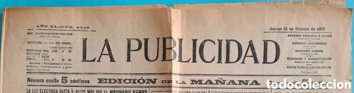 Collection Magazines and Newspapers: PERIODICO - LA PUBLICIDAD - BARCELONA 21 0CTUBRE 1897 - COMPLETO - 4 PAGINAS