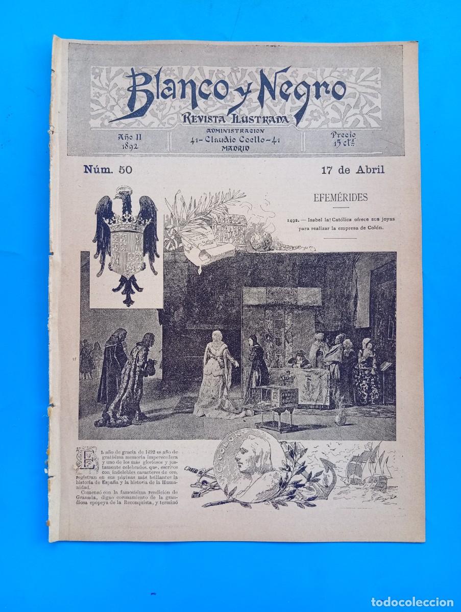 Coleccionismo de revistas y peri&oacute;dicos: BLANCO Y NEGRO. N&ordm; 50. A&Ntilde;O 1892. CUADRO DEL PINTOR FONTANA (LA MADONA). RECUERDOS DE SEMANA... LEER.