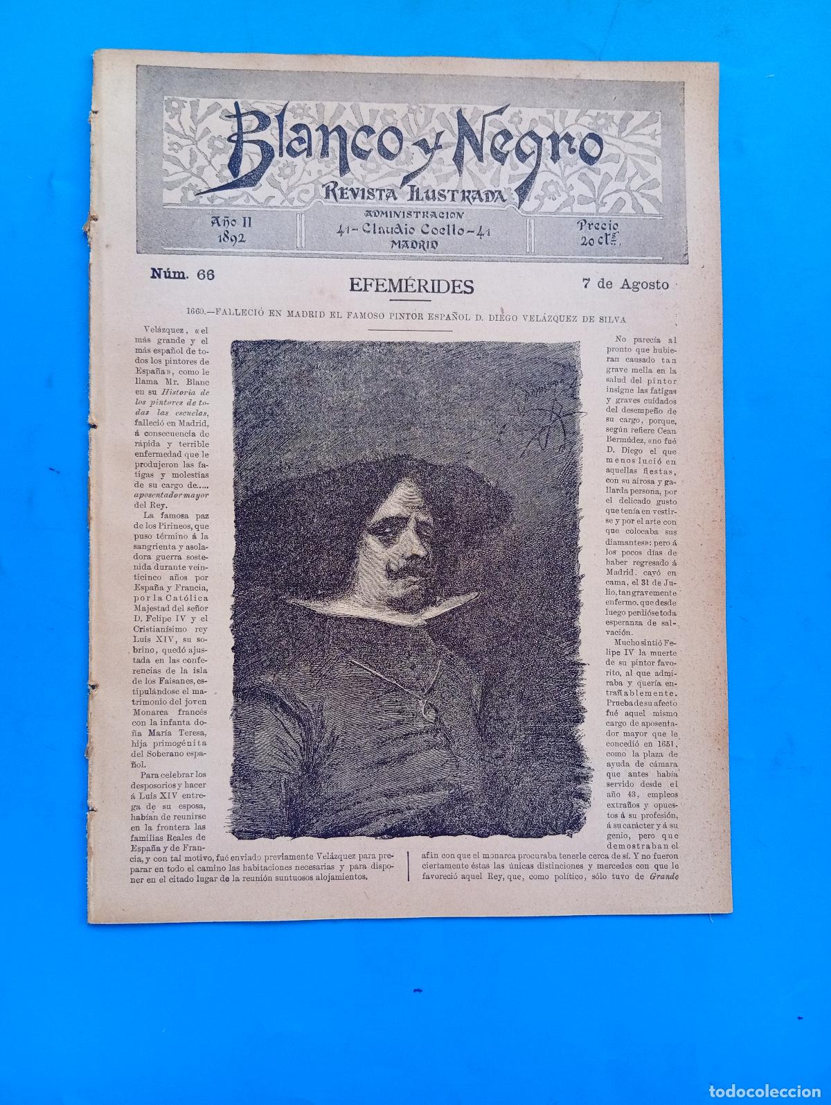 Coleccionismo de Revistas y Peri&oacute;dicos: BLANCO Y NEGRO. N&ordm; 66. A&Ntilde;O 1892. DIEGO VELAZQUEZ DE SILVA. LA CIBELES. GABRIEL S&Aacute;NCHEZ DE CA.. LEER.