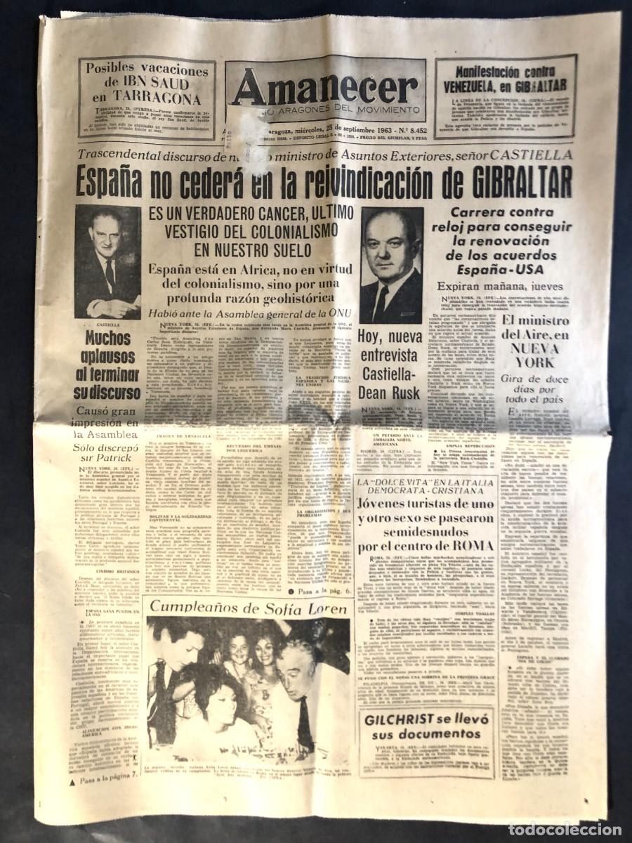 Coleccionismo de Revistas y Peri&oacute;dicos: AMANECER -Diario aragon&eacute;s del movimiento ZARAGOZA 1963 /GIBRALTAR / VILLANUEVA JILOCA /REAL MADRID