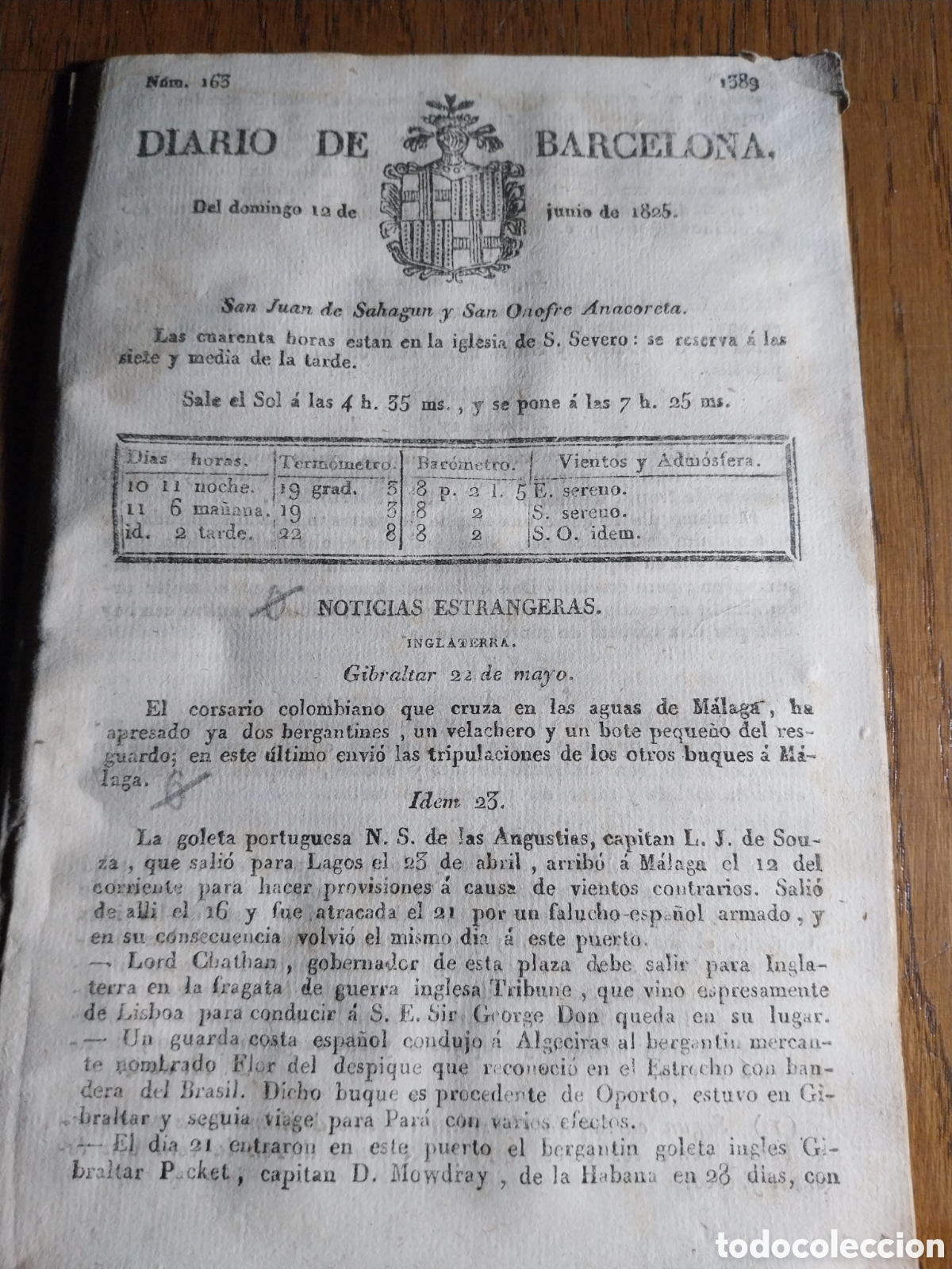Collection Magazines and Newspapers: DIARIO 1825 CORSARIO COLOMBIANO CRUZA AGUAS D M&Aacute;LAGA. GOLETA PORTUGUESA ATRACADA ARRIBA EN MALAGA.