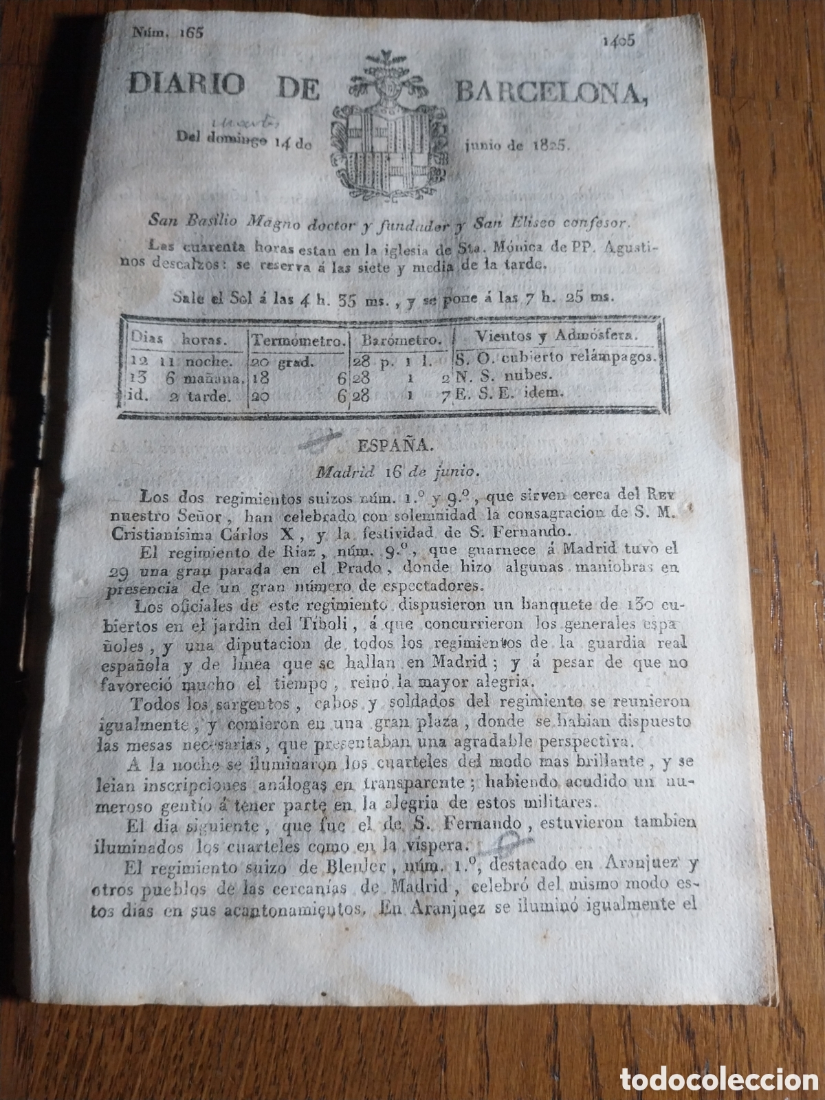 Collection Magazines and Newspapers: DIARIO 1825 REGIMIENTOS SUIZOS DEL REY CELEBRACIONES.OBSERVACION PATOLOGICA PEDRO PONSE CONTINUACION