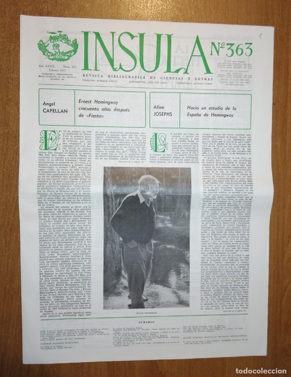 Coleccionismo de Revistas y Peri&oacute;dicos: &Iacute;NSULA. REVISTA BIBLIOGR&Aacute;FICA DE CIENCIAS Y LETRAS 363, 1977 [HEMINGWAY Y ESPA&Ntilde;A. SENDER]