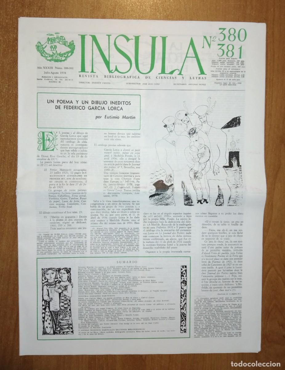 Collectionnisme de Revues et Journaux: &Iacute;NSULA. REVISTA BIBLIOGR&Aacute;FICA DE CIENCIAS Y LETRAS 380-381, 1978 [LORCA IN&Eacute;DITO. D&Iacute;EZ CANEDO. SAWA]