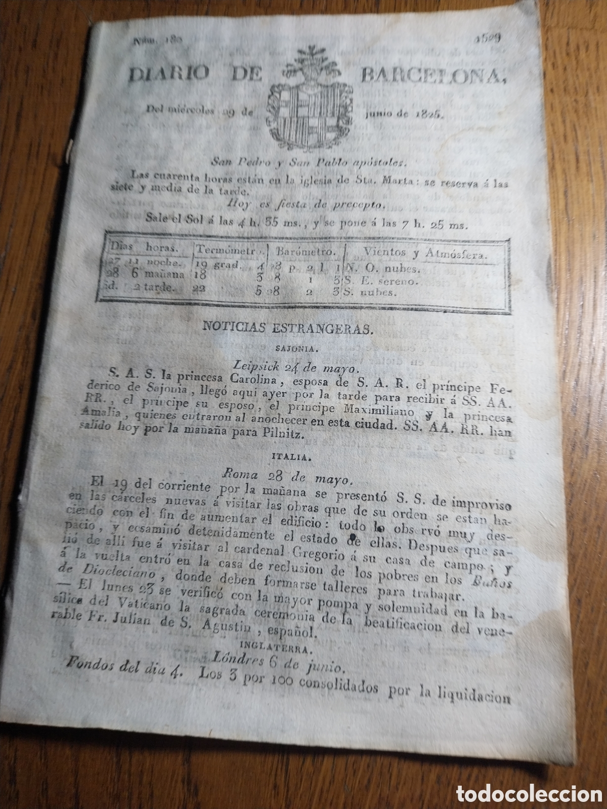 Collection Magazines and Newspapers: DIARIO 1825 CAPTURA DE JABEGA CONTRABANDISTA EN ROQUETAS. TRAMPA PARA LOBOS