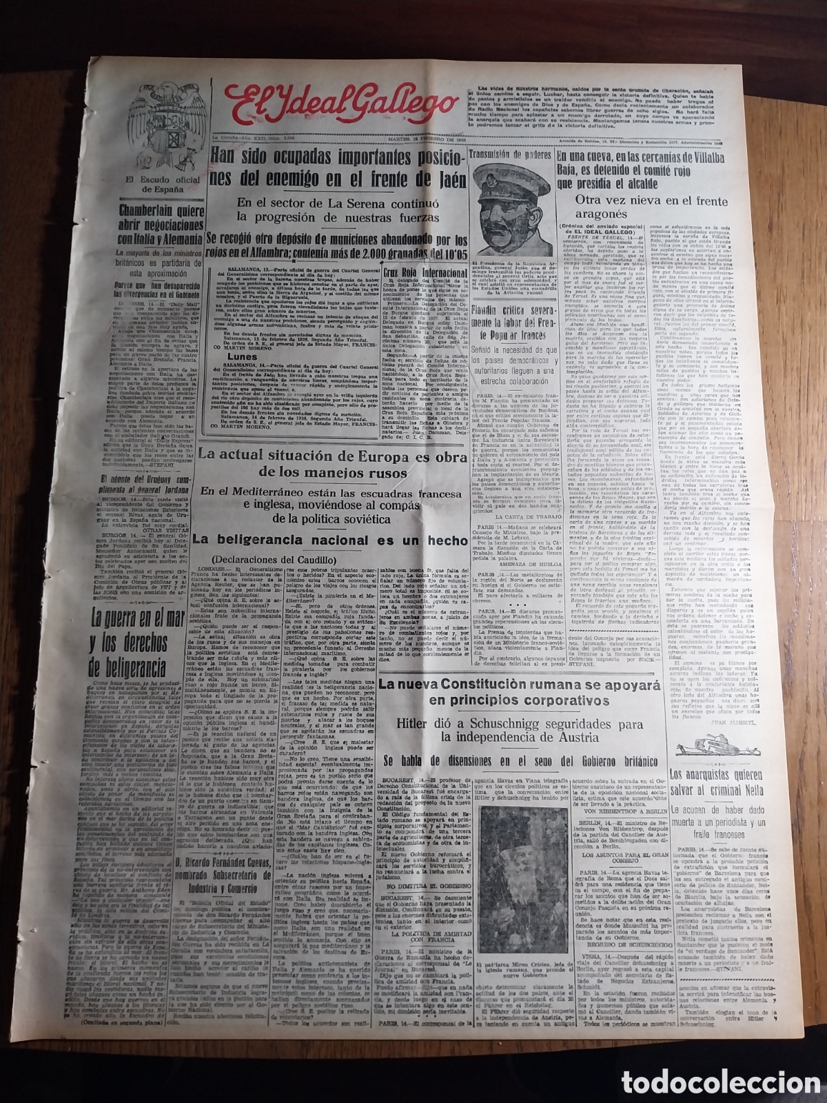 Collezionismo di Riviste e Giornali: IDEAL GALLEGO 1938 OCUPADAS IMPORTANTES POSICIONES FRENTE DE JAEN. CLUB DEPORTIVO CIUDAD CORU&Ntilde;A CAMP