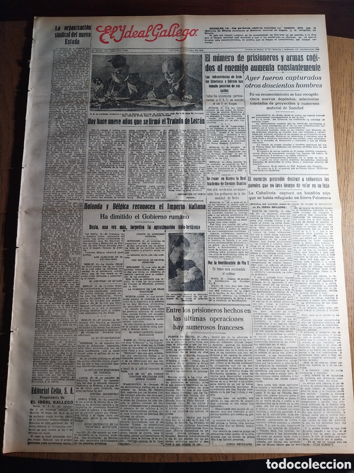 Collezionismo di Riviste e Giornali: IDEAL GALLEGO 1938 TRATADO DE LETRAN HACE 9 A&Ntilde;OS. EL N&Uacute;MERO DE PRISIONEROS AUMENTA CONSTANTEMENTE.