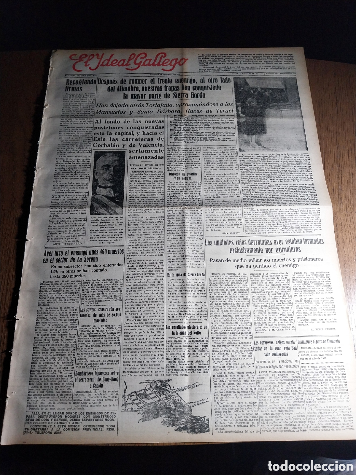 Collezionismo di Riviste e Giornali: IDEAL GALLEGO 1938 NUESTRAS TROPAS SE APROXIMAN A LOS MANSUELOS Y SANTA BARBARA,LLAVES DE TERUEL