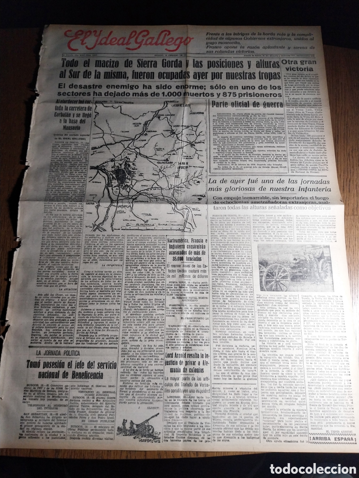 Collezionismo di Riviste e Giornali: IDEAL GALLEGO 1938 SIERRA GORDA CORBALAN EL MANSUELO. AYER FUE UNA DE LAS JORNADAS MAS GLORIOSAS....