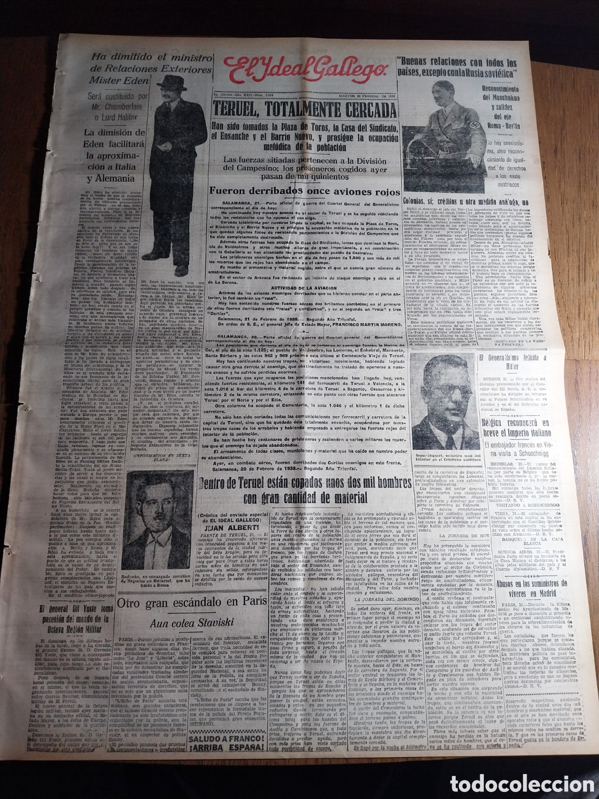 Collezionismo di Riviste e Giornali: IDEAL GALLEGO 1938 TERUEL , TOTALMENTE CERCADA. DISCURSO DEL FUHRER EN EL REICHSTAG. EN LOS FRENTES