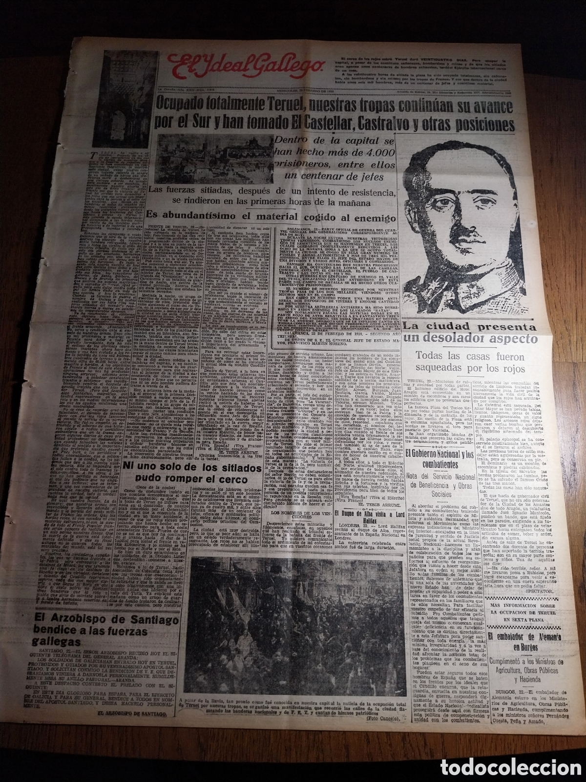 Collezionismo di Riviste e Giornali: EL IDEAL GALLEGO 1938 OCUPADO TERUEL , AVANCE POR EL SUR TOMADOS EL CASTELLAR CASTRALVO Y OTRAS POBL