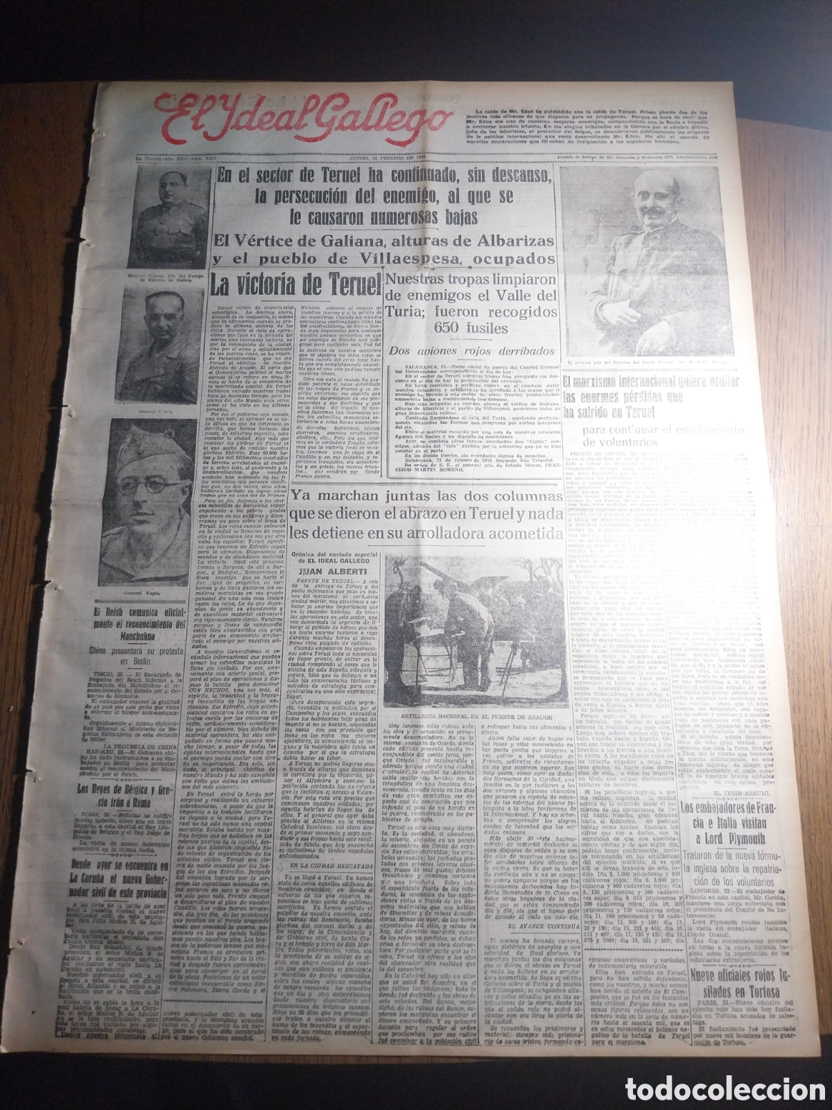 Collezionismo di Riviste e Giornali: IDEAL GALLEGO 1938 EL VERTICE DE GALIANA ALTURAS DE ALBARIZAS Y EL PUEBLO DE VILLAESPESA ,OCUPADOS .