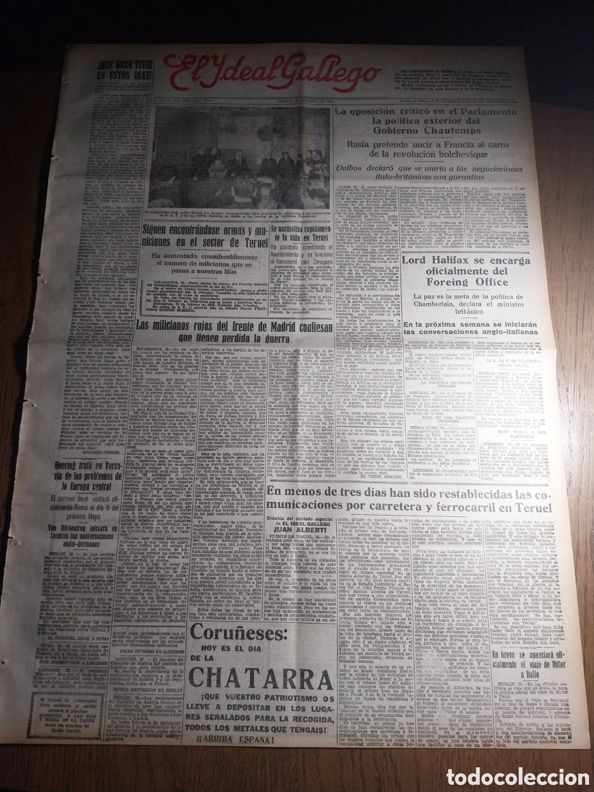Collezionismo di Riviste e Giornali: IDEAL GALLEGO 1938 RESTABLECIDAS COMUNICACIONES CON TERUEL.VARIOS MUERTOS MANIFESTACI&Oacute;NES BARCELONA