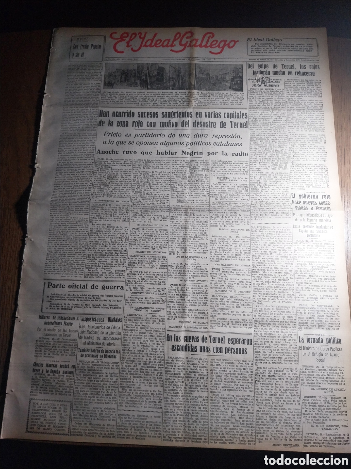 Collezionismo di Riviste e Giornali: IDEAL GALLEGO 1938 ASPECTOS DE LA CIUDAD MARTIR DE TERUEL.MANIFESTACION EN VIGO POR TOMA DE TERUEL