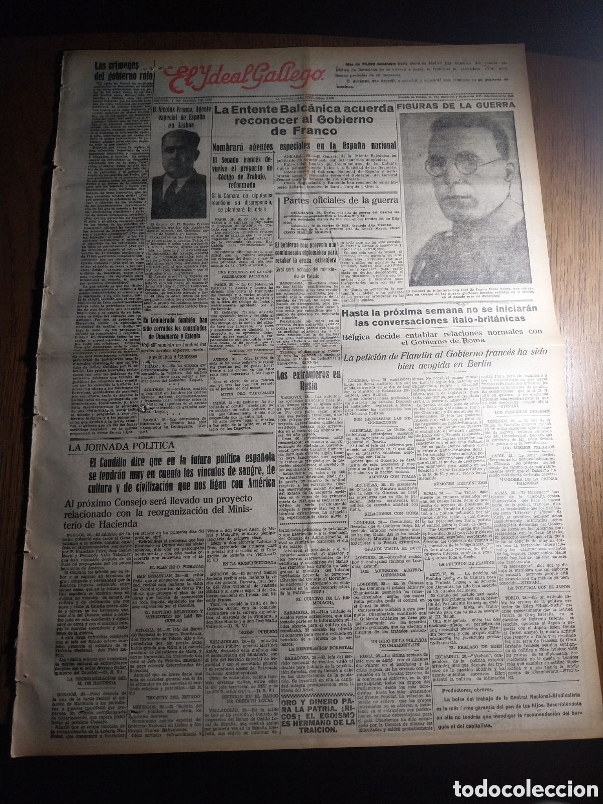 Collezionismo di Riviste e Giornali: IDEAL GALLEGO 1938 LA ENTENTE BALCANICA RECONOCE AL GOBIERNO DE FRANCO. PRIETO SACRIFICO 30.000 HOMB