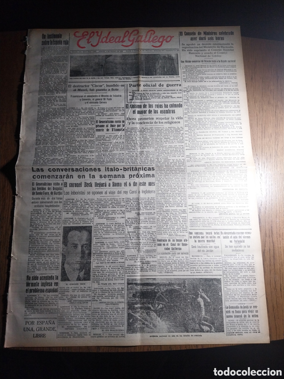 Collezionismo di Riviste e Giornali: IDEAL GALLEGO 1938 MUERTE DE GABRIEL D' ANNUNZIO.ARTILLER&Iacute;A NACIONAL EN UNO D LOS FRENTES DE COMBATE