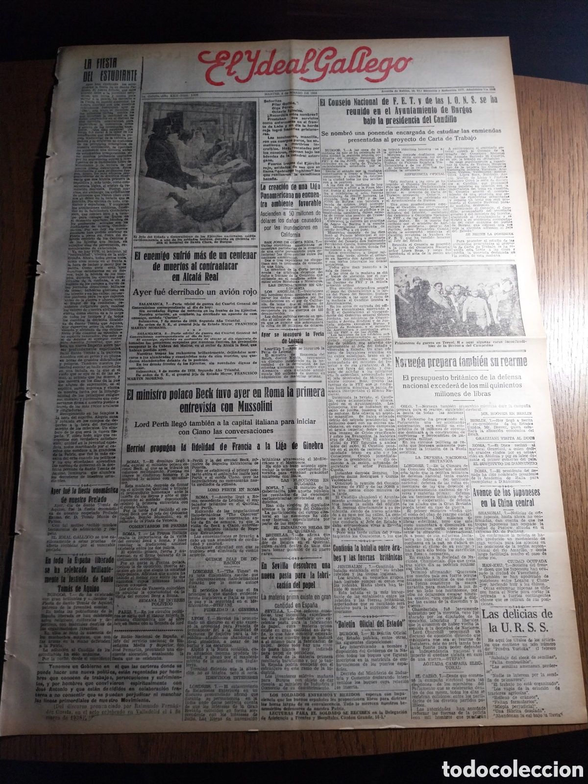Collezionismo di Riviste e Giornali: IDEAL GALLEGO 1938 EL ENEMIGO TUVO UN CENTENAR DE MUERTOS EN ALCALA LA REAL. HITLER EN VIENA