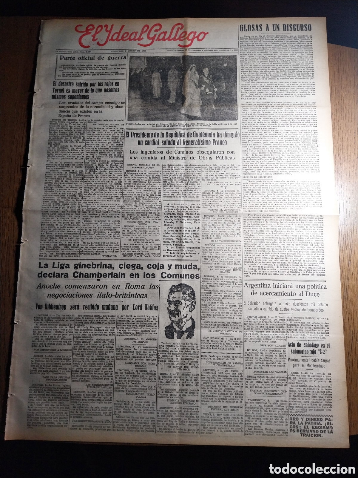 Colecionismo de Revistas e Jornais: IDEAL GALLEGO 1938 EL DESASTRE DE LOS ROJOS EN TERUEL MAYOR DE LO SUPUESTO. IGLESIAS CERRADAS EN ESP