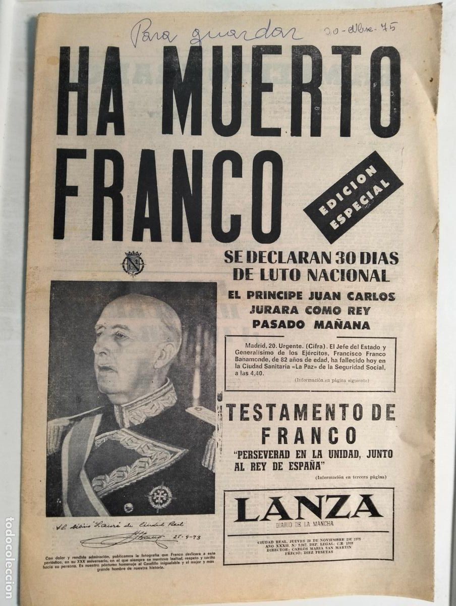 Coleccionismo de Revistas y Peri&oacute;dicos: HA MUERTO FRANCO, SE DECLARAN 30 DIAS DE LUTO NACIONAL, DIARIO DE LA MANCHA LANZA, 20-11-1975