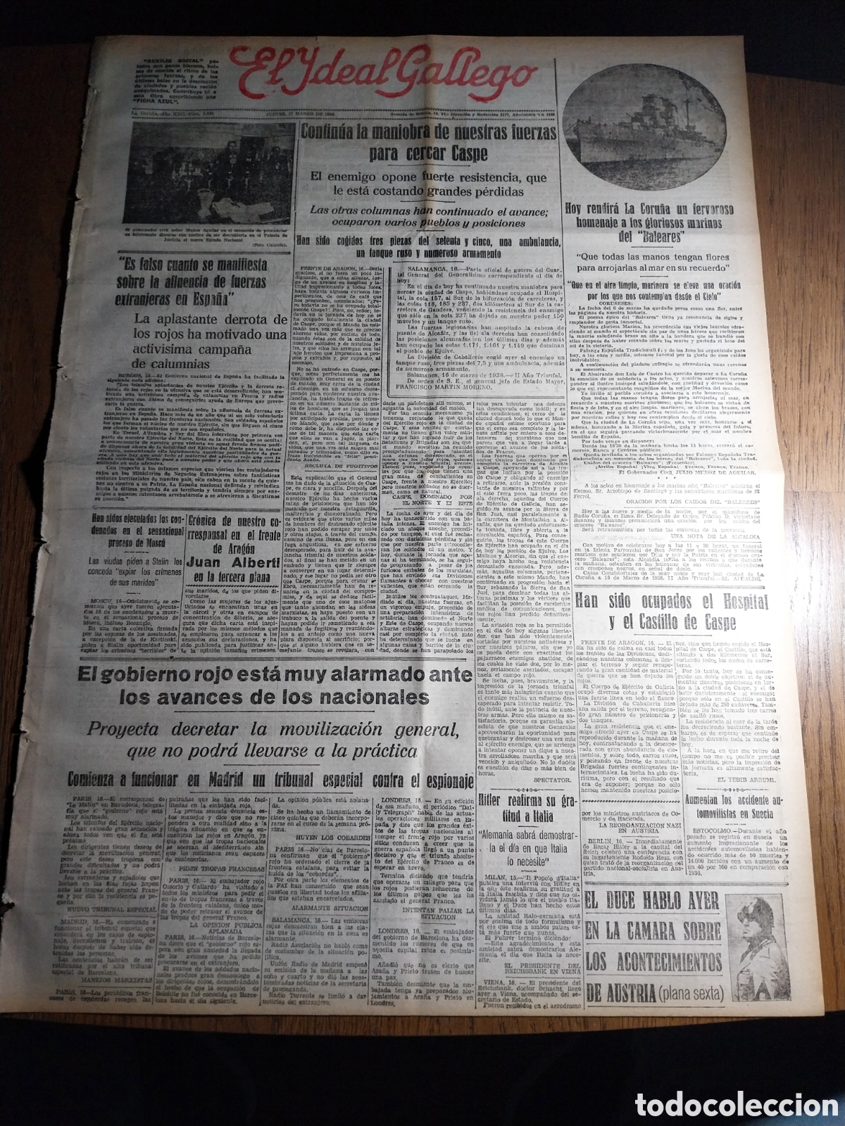 Collezionismo di Riviste e Giornali: IDEAL GALLEGO 1938 CONTINUA LA MANIOBRA D NUESTRAS FUERZAS PARA CERRAR CASPE.EL DUCE HABLA D AUSTRIA