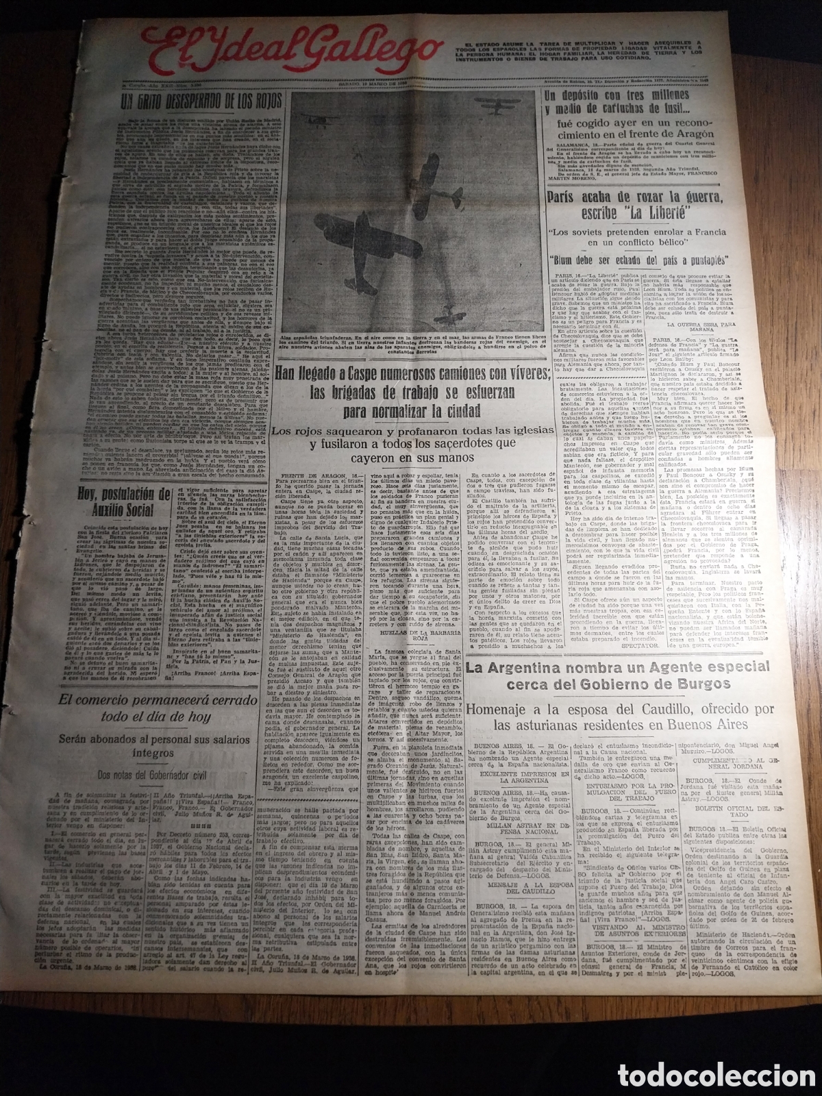 Collezionismo di Riviste e Giornali: IDEAL GALLEGO 1938 HAN LLEGADO A CASPE NUMEROSOS CAMIONES CON VIVERES.POLONIA DA UN ULTIMATUM A LITU