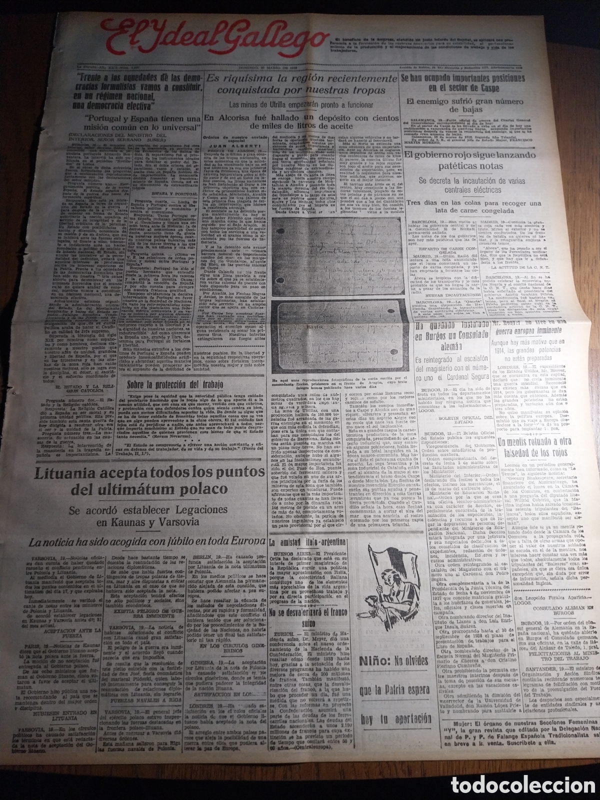 Collezionismo di Riviste e Giornali: IDEAL GALLEGO 1938 MINAS DE UTRILLA . ALCORISA DEPOSITO DE ACEITE .VIGO EXPOSICION TRABAJOS MANUALES