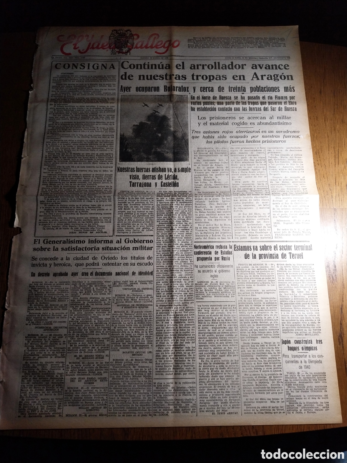 Collezionismo di Riviste e Giornali: IDEAL GALLEGO 1938 OCUPADOS BUJARALOZ Y 30 POBLACIONES MAS.EL PARRACO DE OLIETE EMPAREDADO 19 MESES