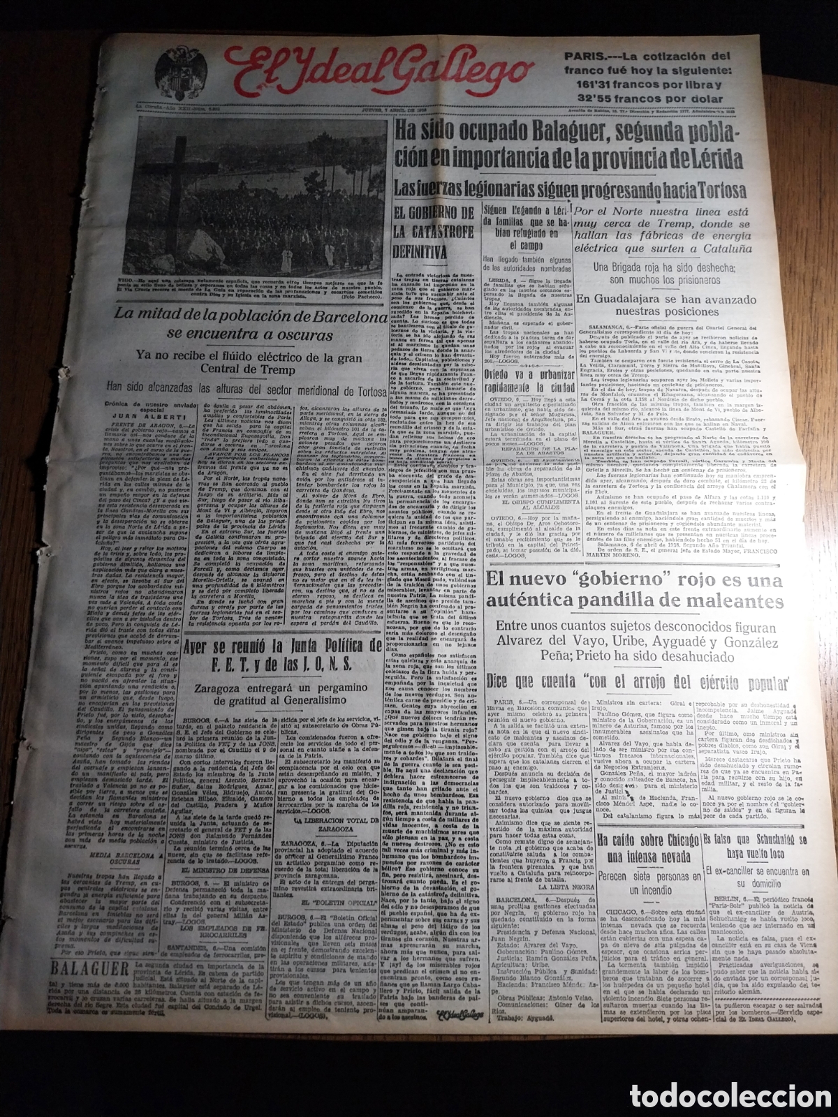 Collectionnisme de Revues et Journaux: IDEAL GALLEGO 1938 HA SIDO OCUPADO BALAGUER.MITAD D BARCELONA A OSCURAS.TRAGEDIA DE MOLINOS DE SIPAN