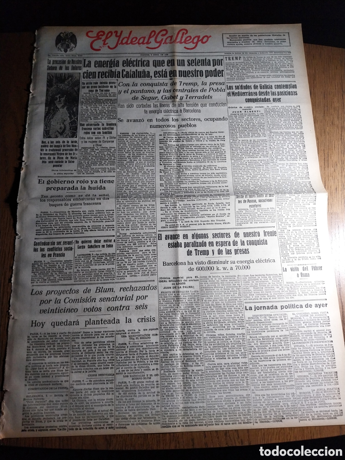 Collezionismo di Riviste e Giornali: IDEAL GALLEGO 1938 LA ENERGIA ELECTRICA CATALANA 70 % EN NUESTRO PODER.EN ESPERA DE CONQUISTAR TREMP