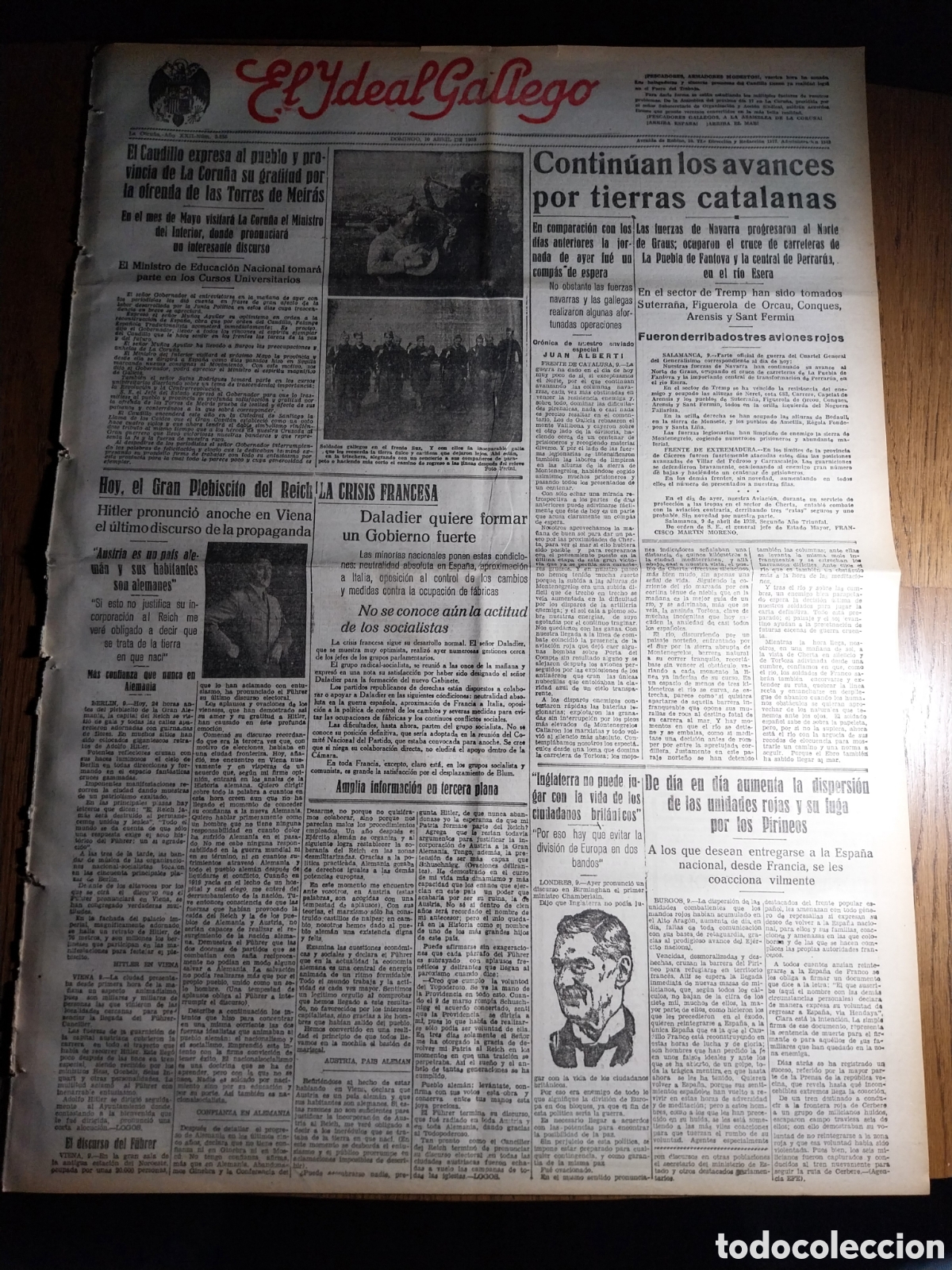 Collectionnisme de Revues et Journaux: IDEAL GALLEGO 1938 CONTINUAN LOS AVANCES EN CATALU&Ntilde;A.EL CAUDILLO EXPRESA GRATITUD POR EL PAZO MEIRAS