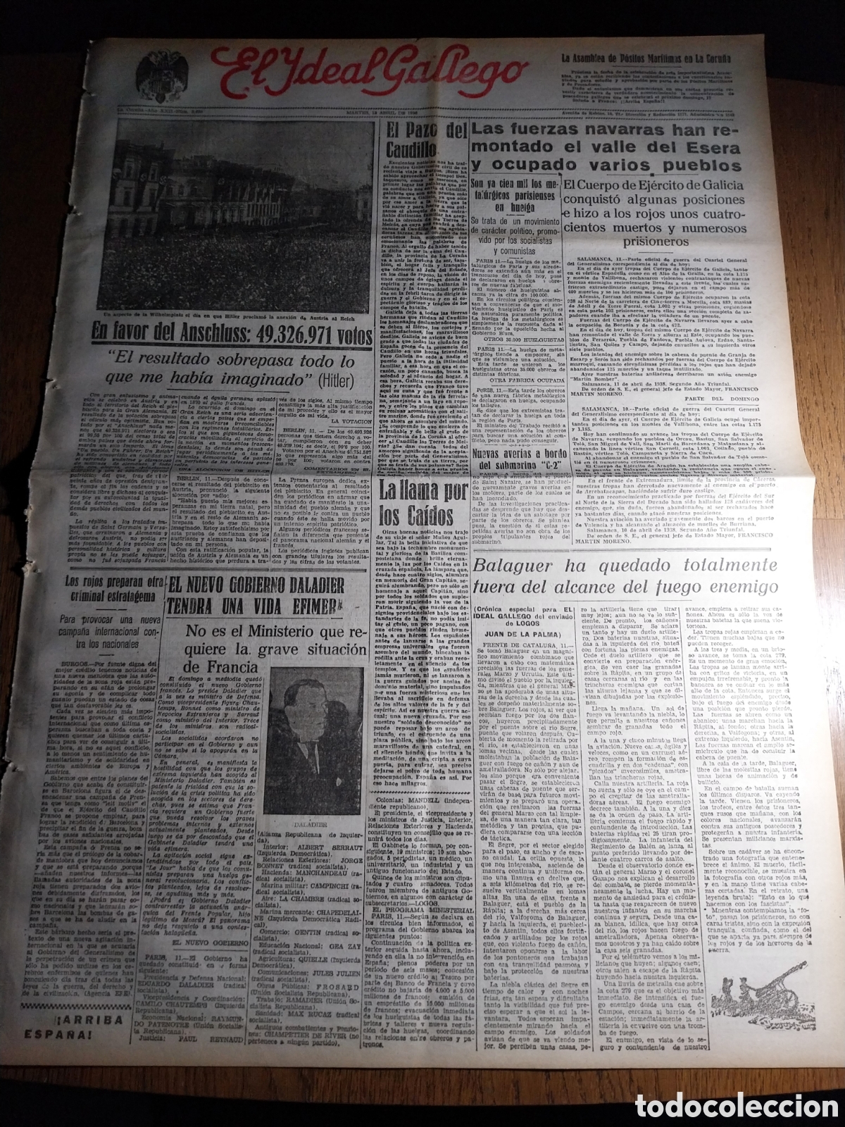 Collezionismo di Riviste e Giornali: IDEAL GALLEGO 1938 FUERZAS NAVARRAS EN EL VALLE DEL ESERA OCUPAN PUEBLOS.BALAGUER FUERA DE ALCANCE..