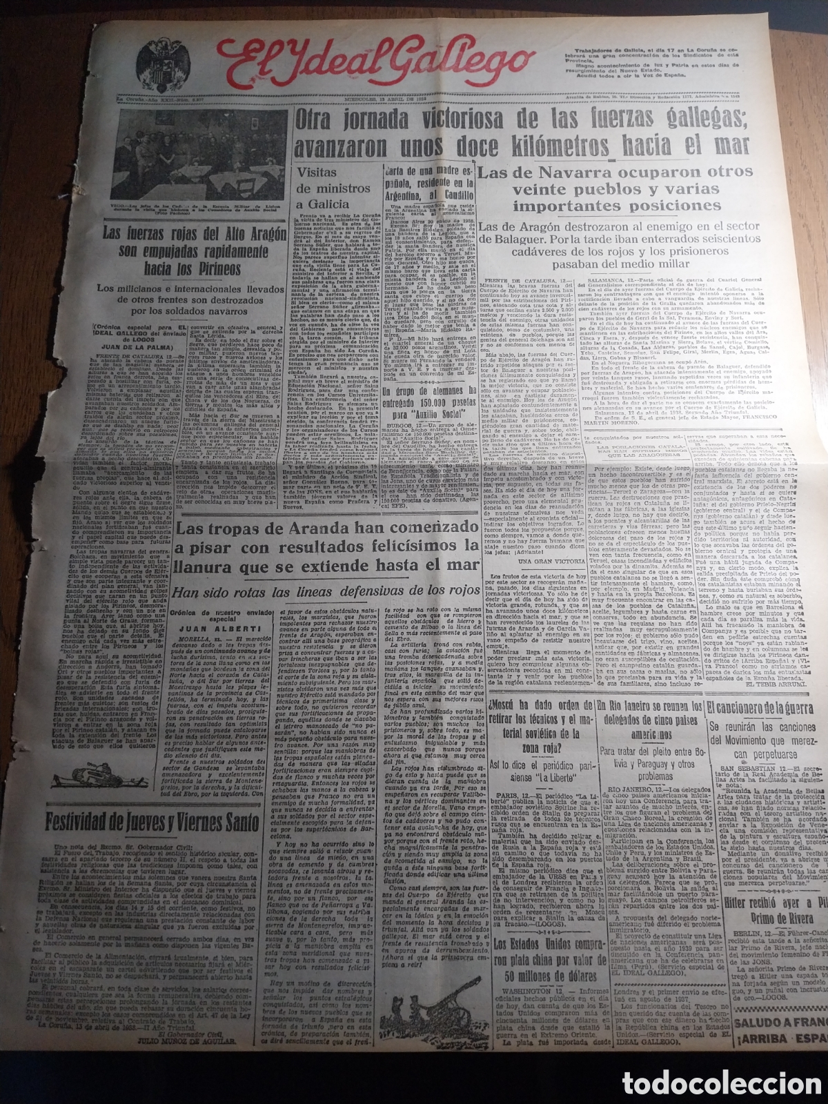 Collezionismo di Riviste e Giornali: IDEAL GALLEGO 1938 FUERZAS NAVARRAS GALLEGAS Y DE ARAGON AVANZAN Y OCUPAN PUEBLOS. TROPAS DE ARANDA
