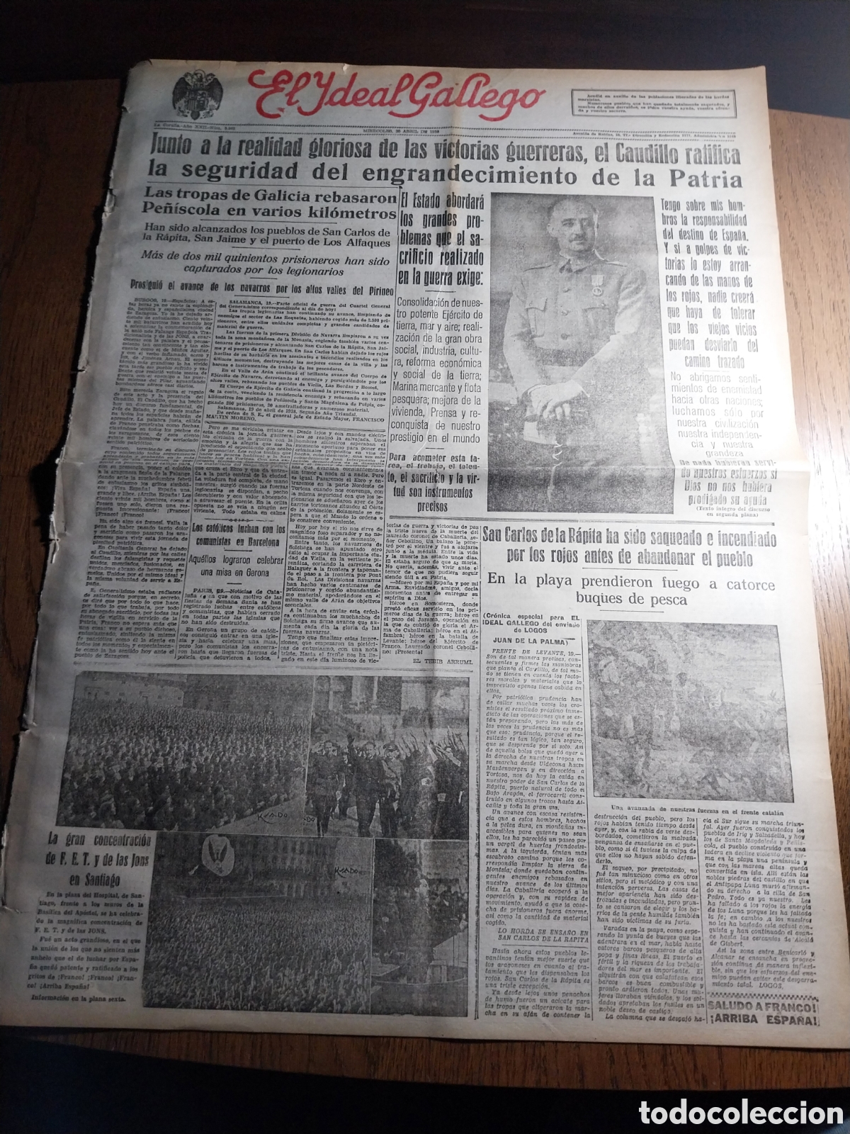 Collezionismo di Riviste e Giornali: IDEAL GALLEGO 1938 FRANCO EN SANTIAGO CONCENTRACION DE F.E.T .SAN CARLOS DE LA RAPITA SAQUEO ROJO