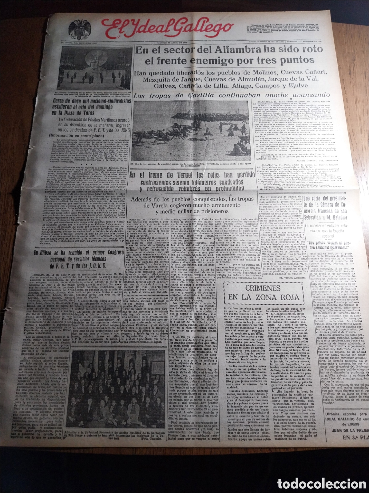 Collezionismo di Riviste e Giornali: IDEAL GALLEGO 1938 SECTOR DE ALFAMBRA LIBERADOS MOLINOS CUEVAS CA&Ntilde;ART ALMUDEN GALVEZ ALIAGA EJULVE..