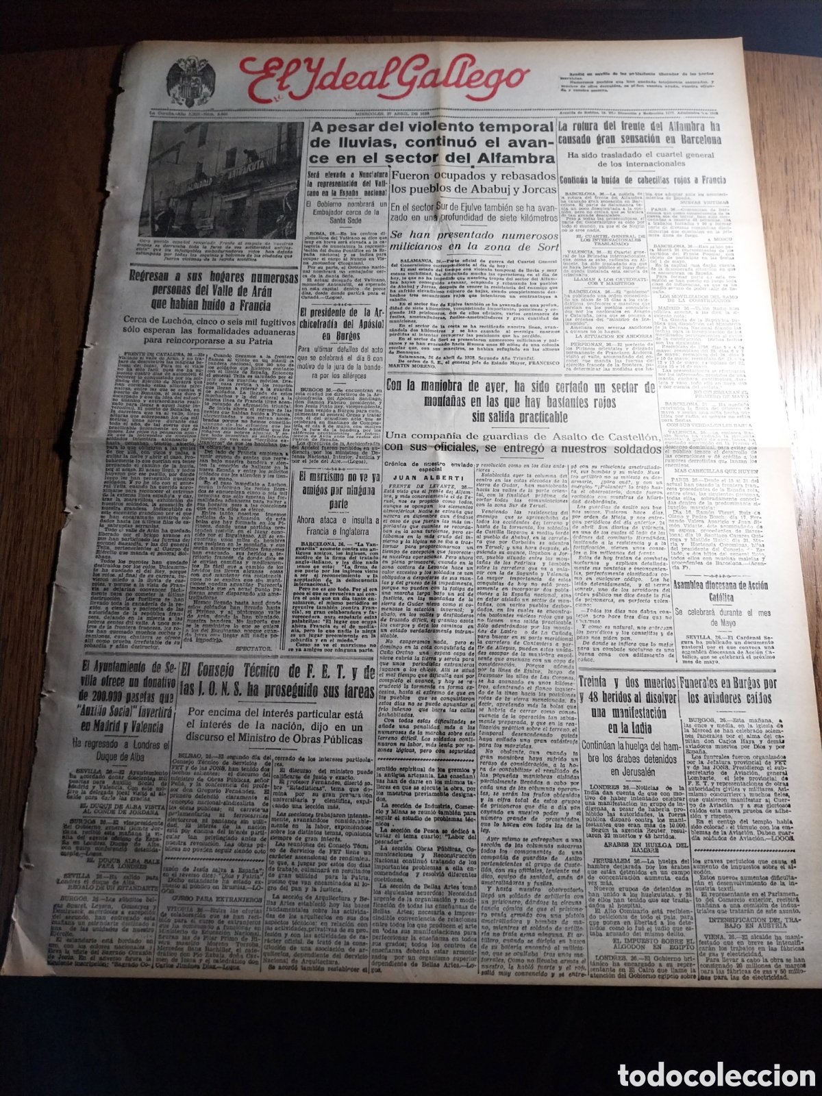 Collezionismo di Riviste e Giornali: IDEAL GALLEGO 1938 SECTOR ALFAMBRA TEMPORAL DE LLUVIAS OCUPADOS ABABUJ Y JORCAS. CONDE TORRE DE CELA